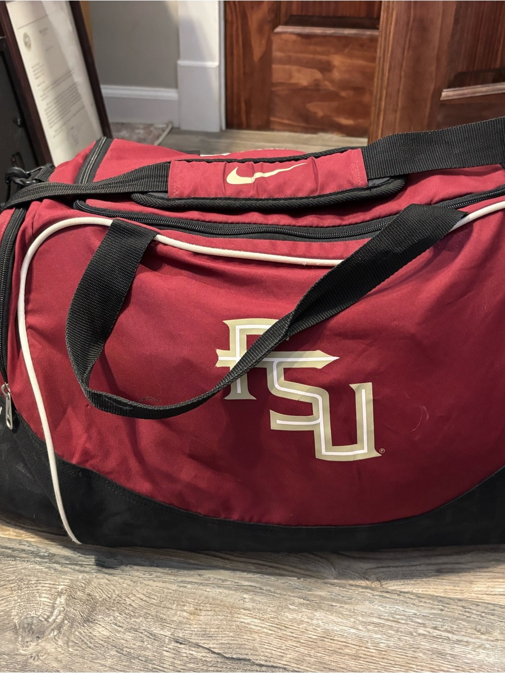 Nike Garnet and Black Men's Duffel Bag with Gold Logo